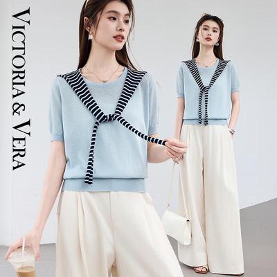 Women's Striped Shawl Hooded Faux Two-Piece Knit Top