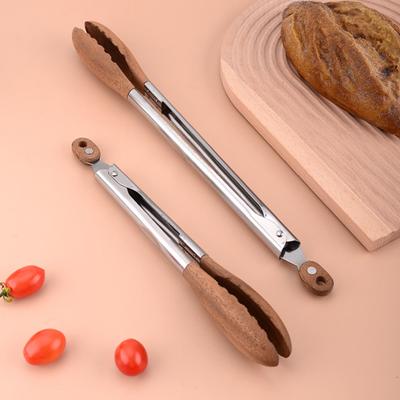 Pinzas de cocina de madera de acero inoxidable con agarre ergonómico antideslizante para servir comida de barbacoa, bufés y fiestas.