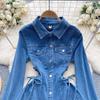 Vintage Denimrock Taillengürtel Taille Temperament Geknöpft Figurbetontes Kurzkleid