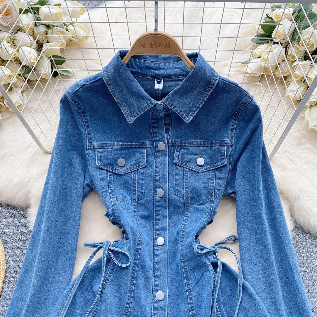 Vintage Denimrock Taillengürtel Taille Temperament Geknöpft Figurbetontes Kurzkleid