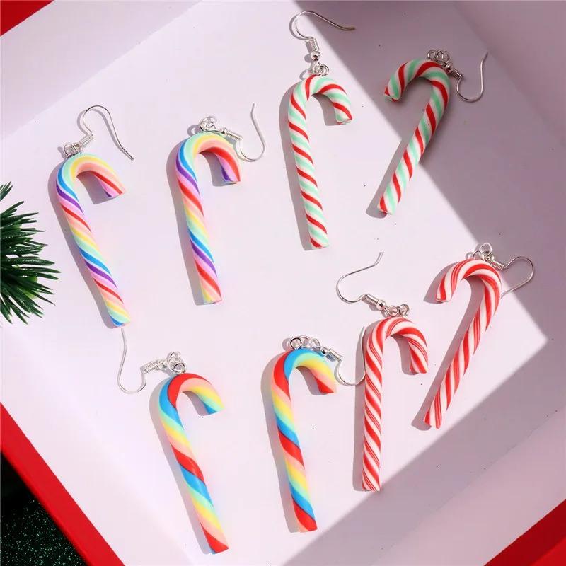 10pcs/set Cute Christmas Candy Cane Earrings Set Soft Clay Rainbow Striped Pendant Festive Holiday Lovely Women Girl Accessories