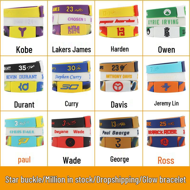 NBA Luminous Silicone Bracelet: Curry, Durant, James, Irving Edition, 20cm Snap Closure.