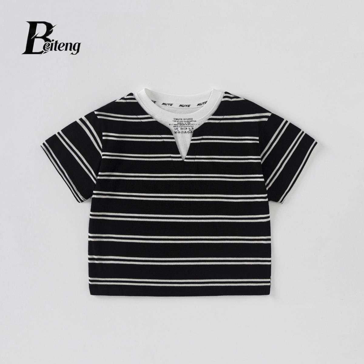 Beiteng Kids Striped Faux Two-Piece Short Sleeve T-shirt - Korean Style Unisex Versatile Summer Top 90 cm чёрный