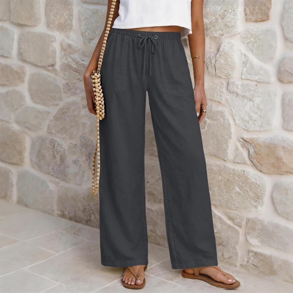 Women’s Casual High Waist Drawstring Straight Leg Wide Leg Pants Relaxed Fit Trousers with Pockets for Daily Wear