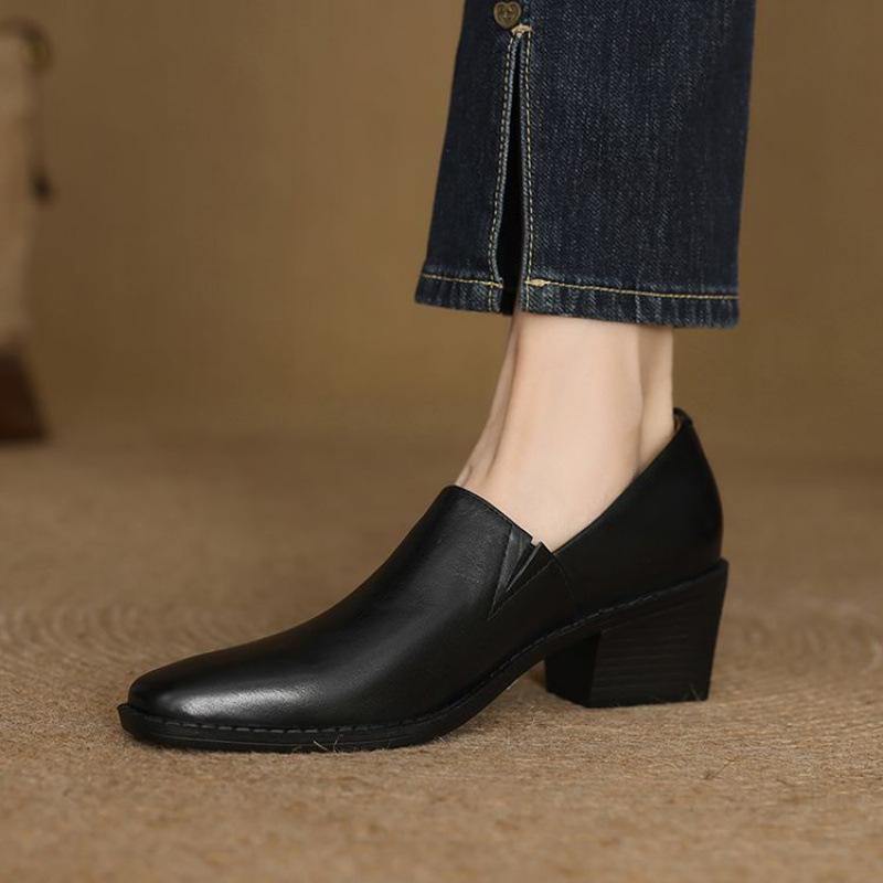 New Low-top, Light-mouth Black Small Leather Shoes, Fashion Single Shoes, Women's Pointed Toes, One Pedal, Genuine Leather Women's Shoes, Beef Tendon 
