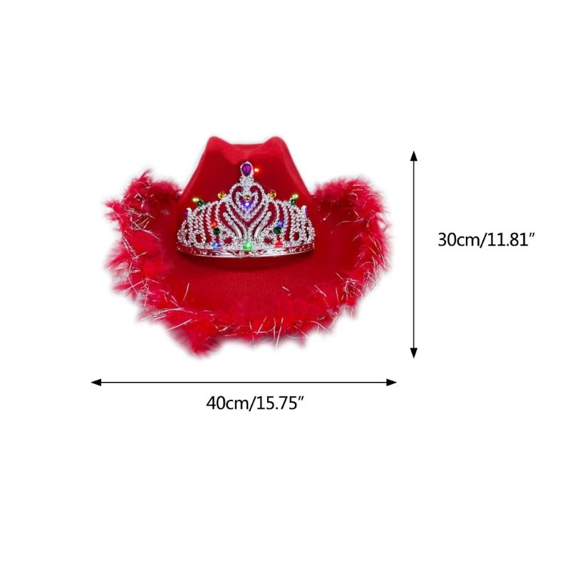 Rhinestone Crown Cowboy Hat Western Style Led Light Brim Hat Fedora Felt Cowboy Jazz Hat Accessory Wedding Party Hat