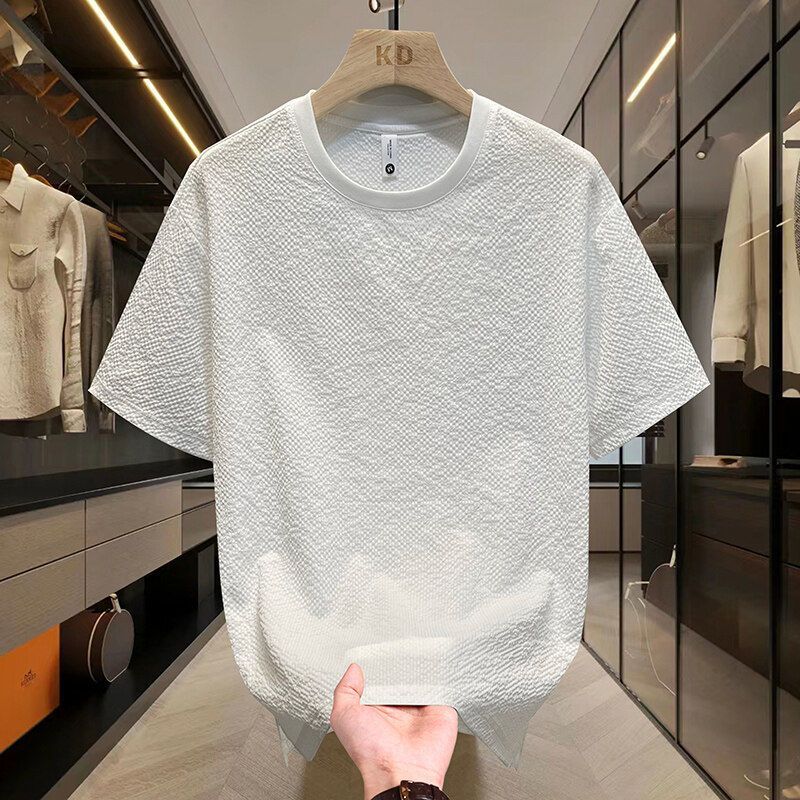 Ice Silk Men T-shirt Short-sleeved High-end New Light Luxury High-quality Solid Color Bubble Yarn Texture Round Neck Hand Towel