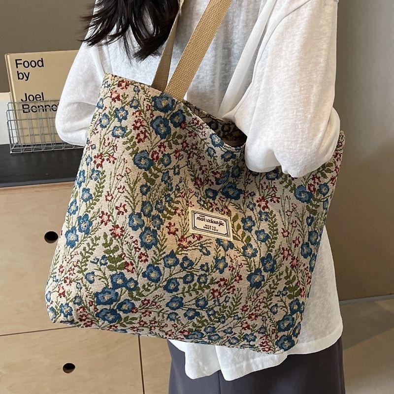 Grand Tote d'Épaule en Toile Florale 2025 - Sac à Déjeuner Créatif, Mignon & Isolé