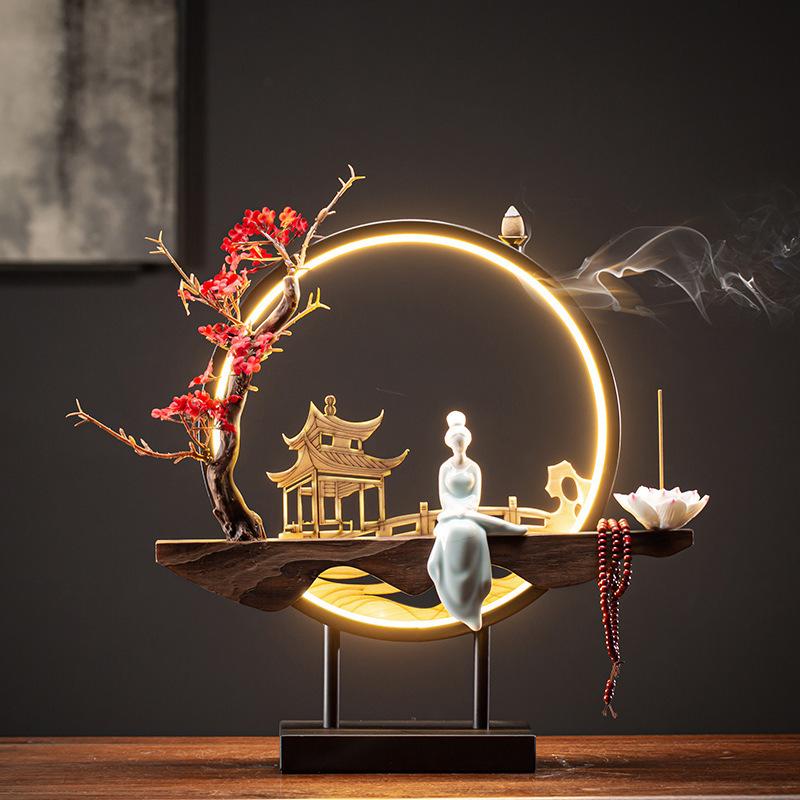 Großer chinesischer Rückfluss-Räucherbrenner mit USB-LED-Lichtring Nette Dame Keramik Heimdeko Ornamente Kiefer Zypresse