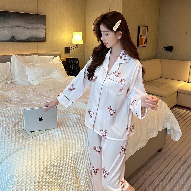 Neuer Süßer Koreanischer Stil Langarm Eisseide Strickjacke Pyjama für Herbst und Frühling