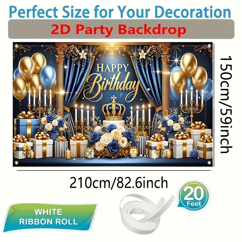 2D Happy Birthday Background Cloth Blue Gold with Candles, Gifts & Glitter Banner