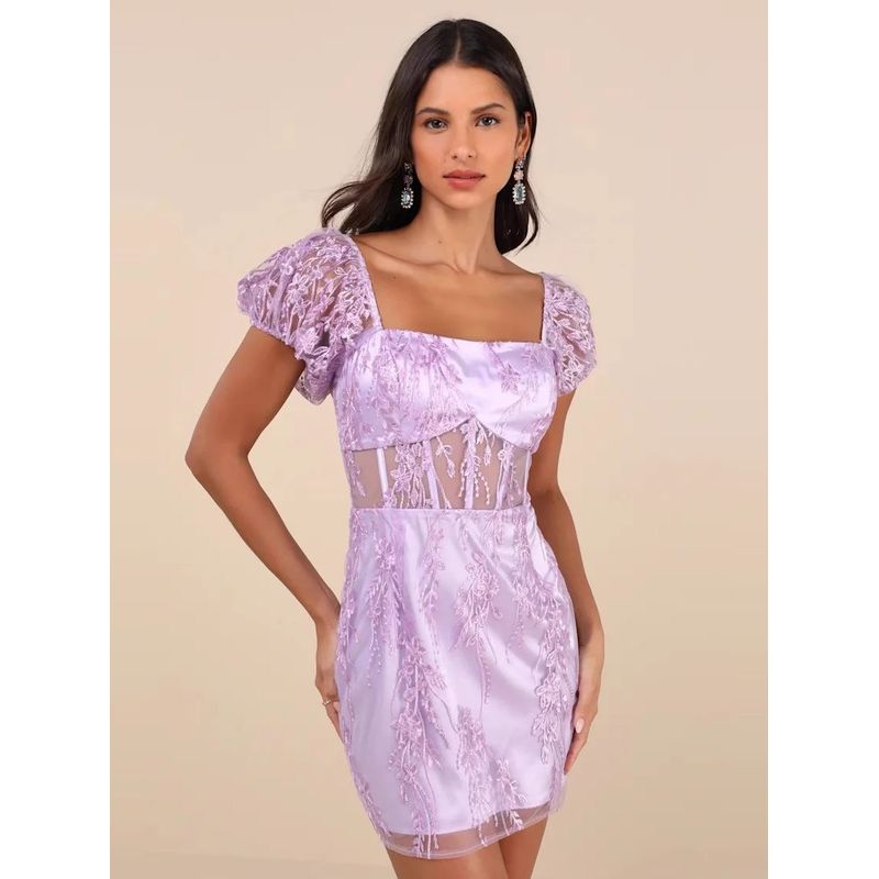 Foreign Trade Order Lu's Home Fashion Summer New Elegant Purple Lady Sexy Mesh Perspective Embroidery Gyaru Dress