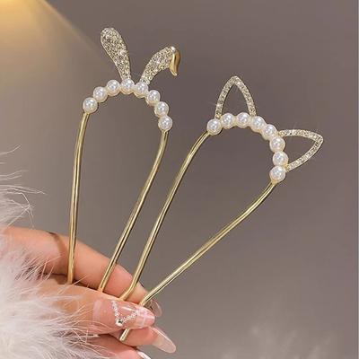 1 pièce Magnifique Mode Oreille de Chat Épingle à Cheveux en U Pince à Cheveux Perle Strass Style Ancien Chinois Épingle à Cheveux Headdress Élégant pour Femmes