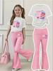 New Style Clothes for Girls Aged Kpop Cute Soda Print Set White Short Sleeves + Pink Bell-Bottom Pants Two-Piece Set