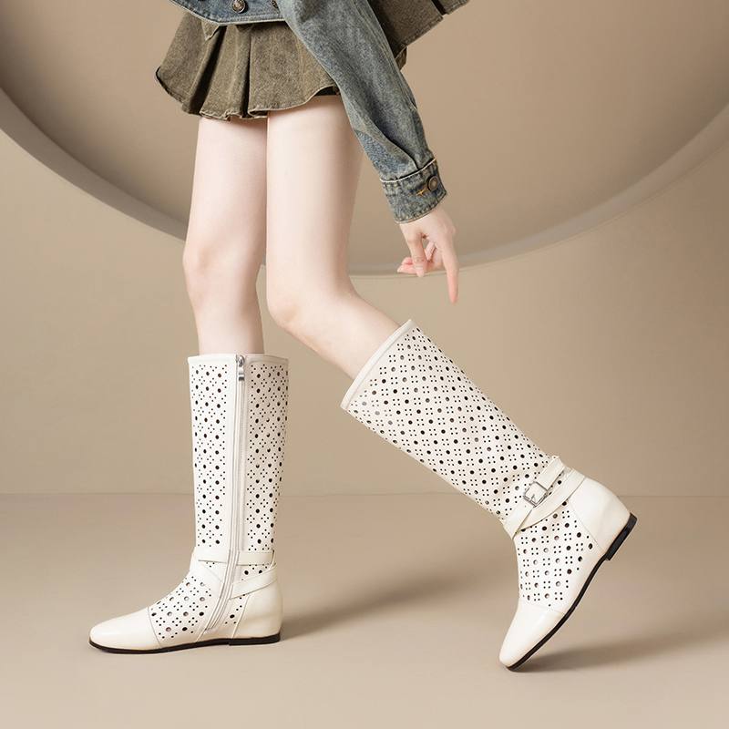 Krazing Pot Rindsspaltleder Runde Zehe Größe 43 Sommerstiefel Mode Ritterstiefel Hohle Verzierungen Herbststiefel Oberschenkelhohe Stiefel