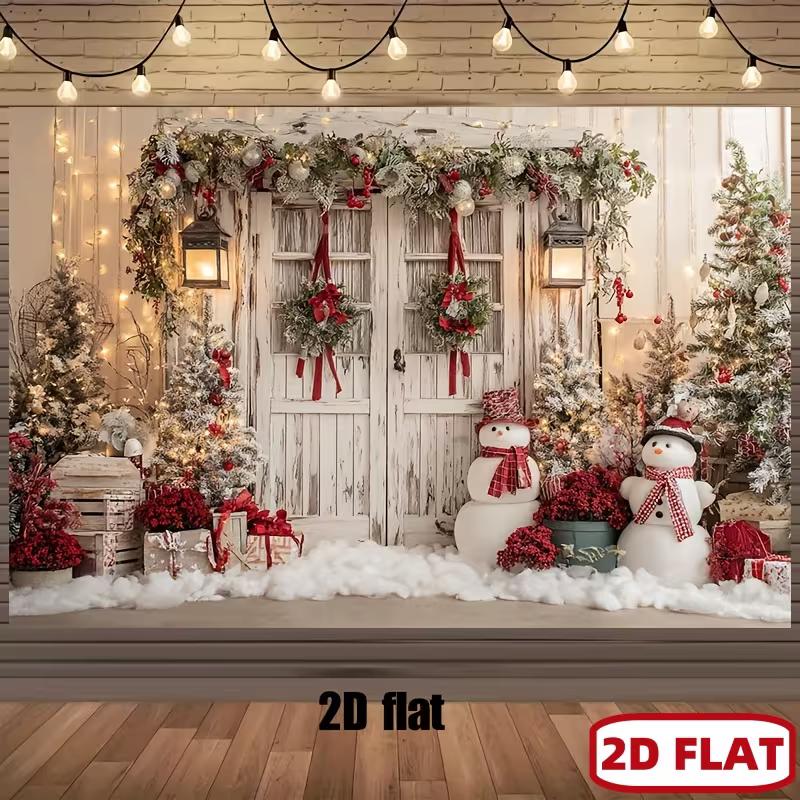 2D Farmhouse Christmas Backdrop Door with Snowman & Wreath Photography Background