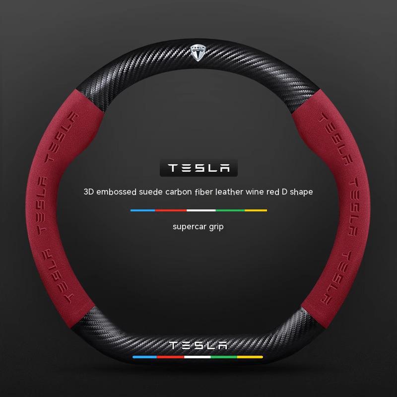 ALA1 Tesla Model 3 Model Y Model S Model X Roadster Suede Carbon Fiber Anti-slip Breathable Car Steering Wheel Cover Auto Accessories