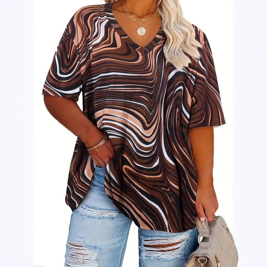 Summer V-neck 3D Printed Wave Pattern Top Fashionable Casual Short Sleeved Plus Size Women's T-shirts