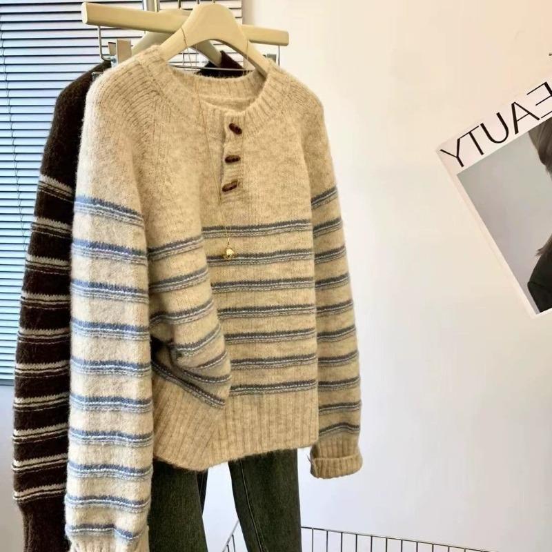 Striped Casual Horn Buckle Pullover Sweater Women's Autumn and Winter New Loose Lazy Wind Knitted Sweater Top