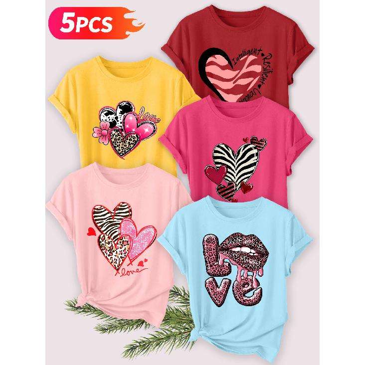 Five-piece set Elegant short-sleeved shirt for women Leopard print heart print round neck women's casual sportswear T Shirt Suitable for spring and