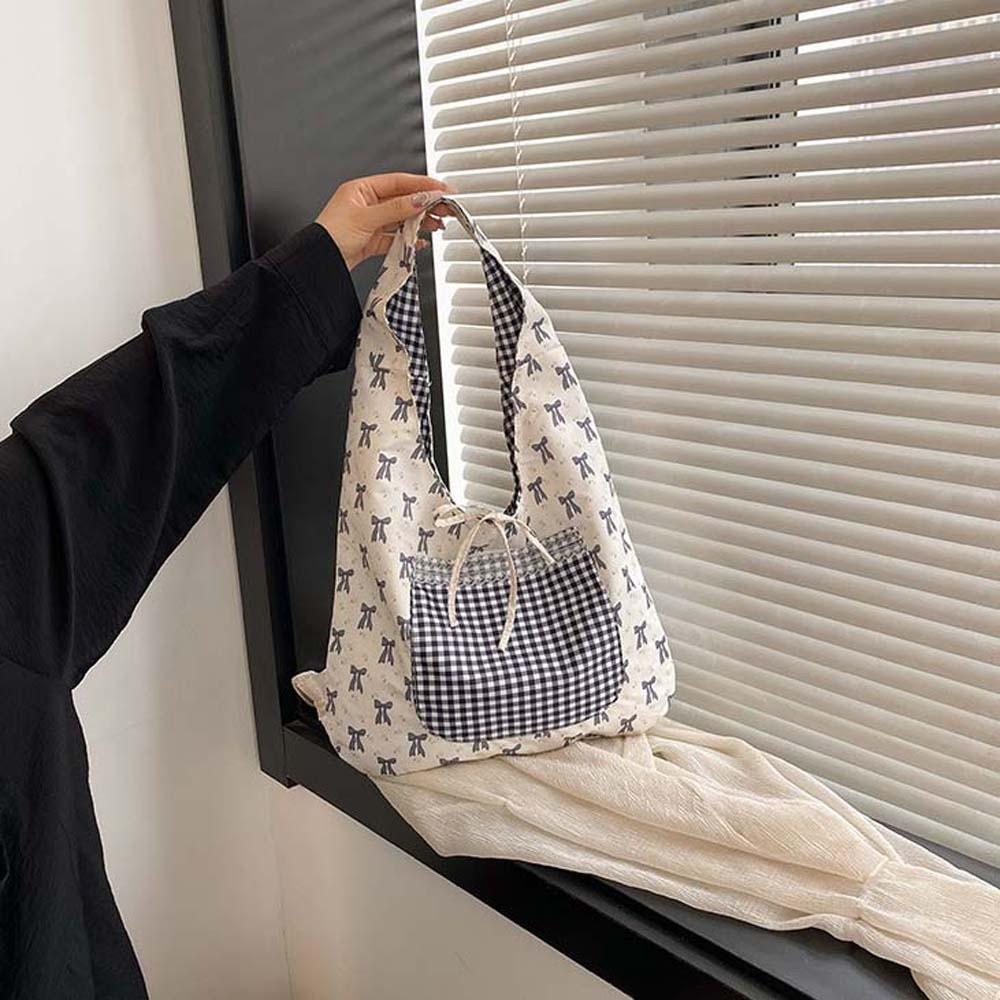Sweet Plaid Nylon Vest Pouch Lace Decoration Tote Bag Simple Women Bow Printed Handbag  Storage