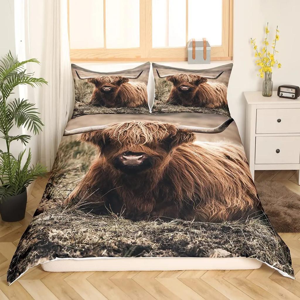 Highland Ku Sengetøy Sett Dobbel Størrelse Kveg Blomst Sengetøy Sett Gul Solsikke Western Morsomt Dyr Ku Polyester Dynetrekk