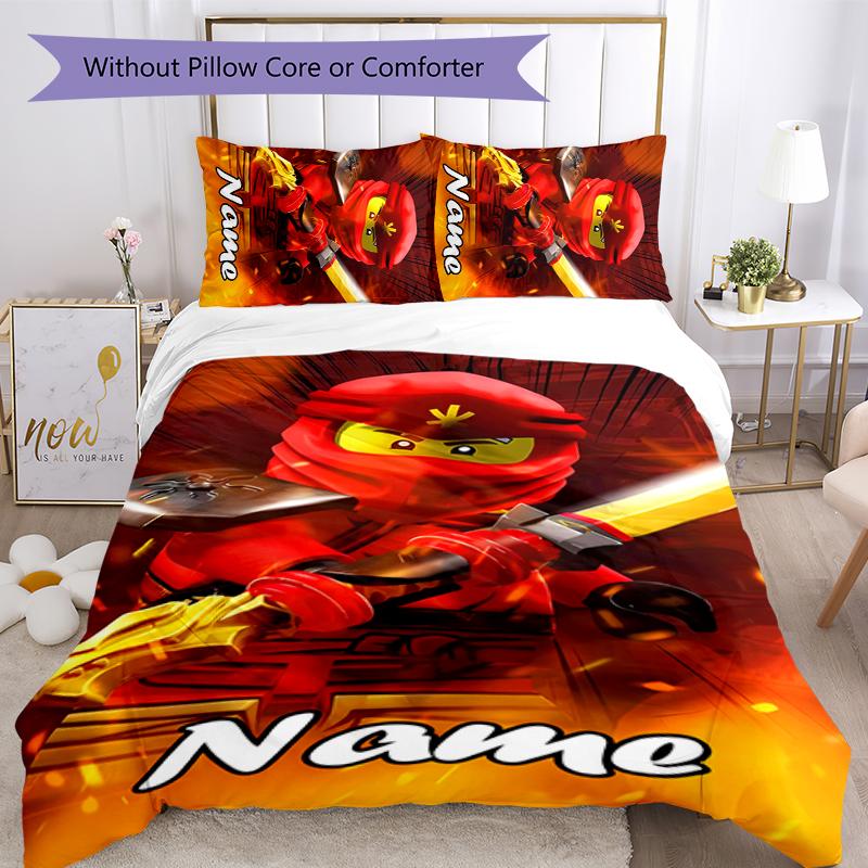 3pcs Custom Name Cartoon Lego Ninjago Bedding Set Duvet Cover Closure Includes 1 Duvet Cover & 2 Pillowcases for All Seasons Bedroom Decor