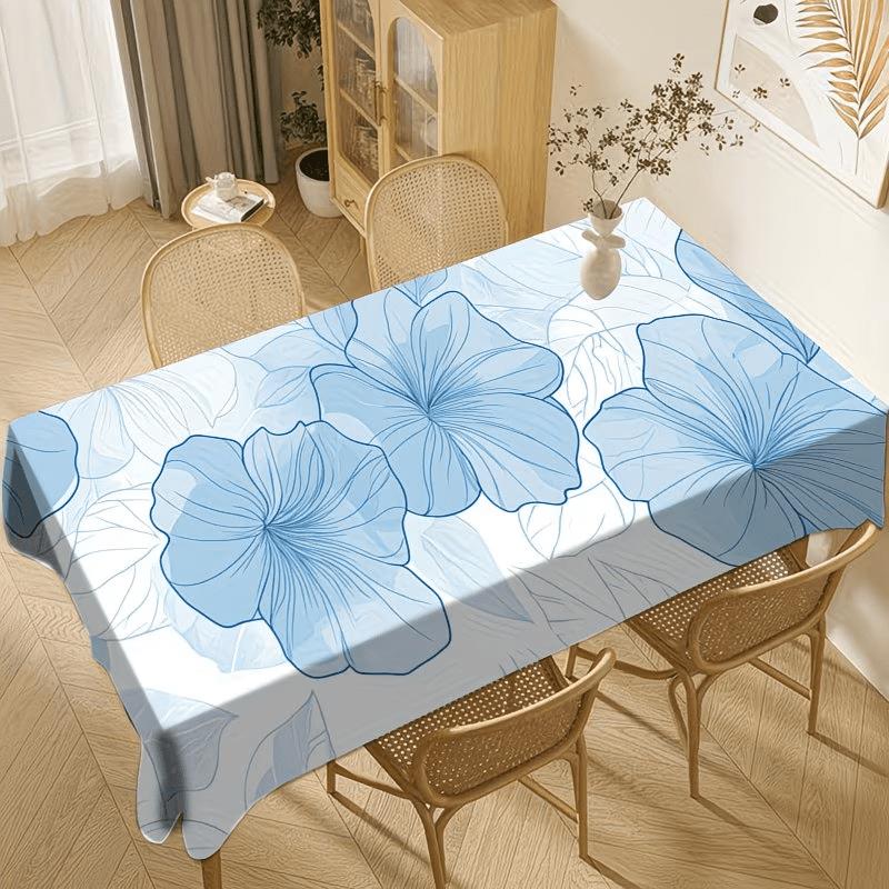 1pc 2D Flat Printed Blue Line Drawing Floral Tablecloth, Featuring Large, Translucent Flowers with Branches and Leaves, Rectangular, Polyester, Multip