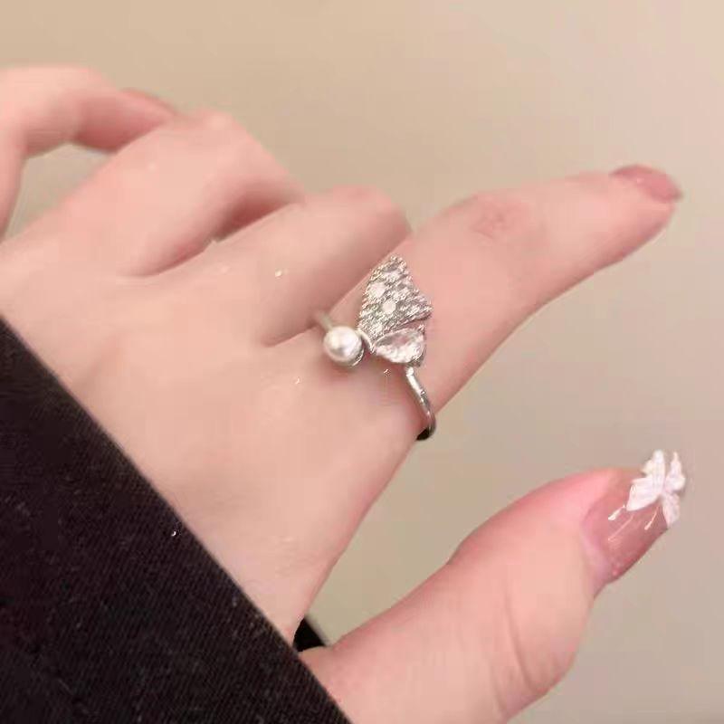 Butterfly zircon pearl ring female index finger ring unique design opening adjustable ring