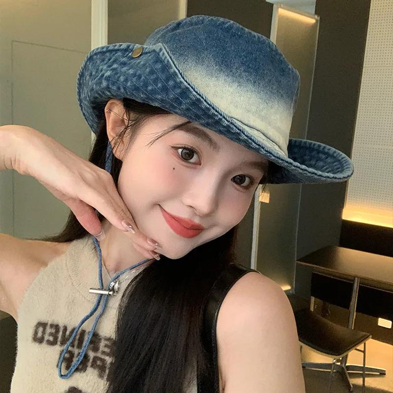 Cowboy Gradient Wtempo Tiedye Distressed Hats Womenspring Summer Denim Bucket Hats Casual Thick Patchwork Climbing Cap
