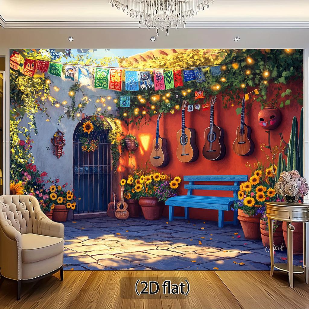 2D plane 1 piece of rural-style Mexican courtyard background fabric with a guitar.PMJ