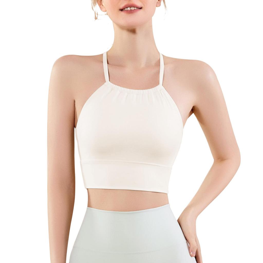 Pleated Halter Neck Sports Bra with Fixed Cups