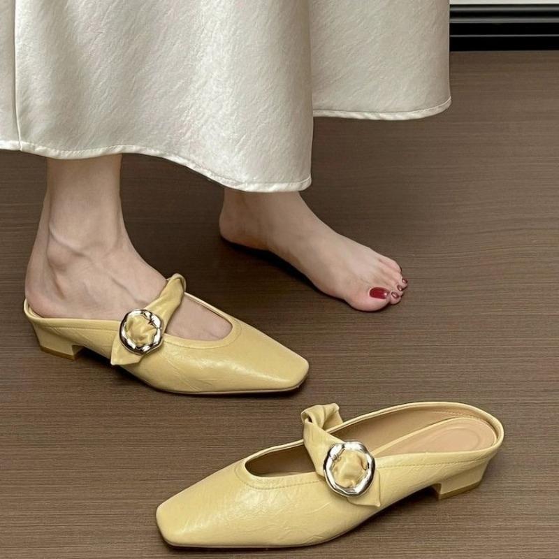 Low-heeled Slippers Autumn New Square-toe Shallow-mouth Metal Buckle One-band Soft-sole Non-slip Block Heel Shoes
