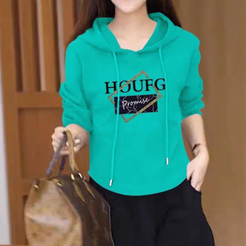 Temperament Spring New Pure Cotton Women's Hooded Letter Printing Casual Long Sleeve Short Slim Sweatshirts Tops