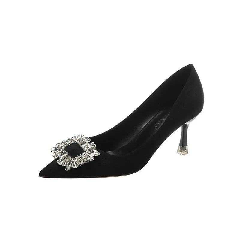 Fashion Pointed Rhinestone Square Buckle High Heels for Women Slim Heels Black Professional Single Shoes Wine Red Bridal Platform Heels