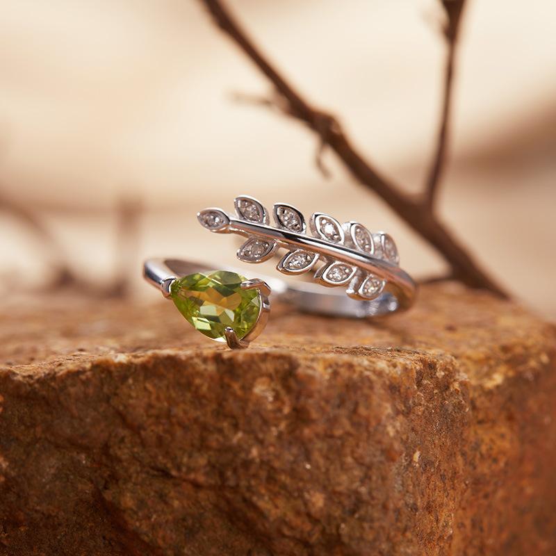 Anello Tesoro Peridoto Colorato Pietra Preziosa Naturale Anello Semplice Foglia Dita Indice Argento Sterling 925 Intero Corpo Donna
