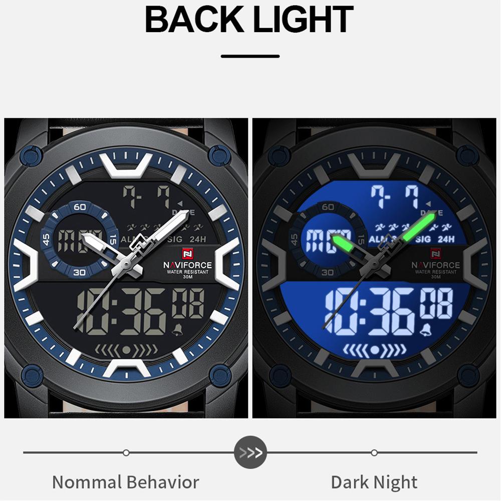 NAVIFORCE Original Men Quartz LCD Digital Watch Leather Strap Waterproof Luminous Pointer Calendar Date Men Boys Casual Watch NF9261