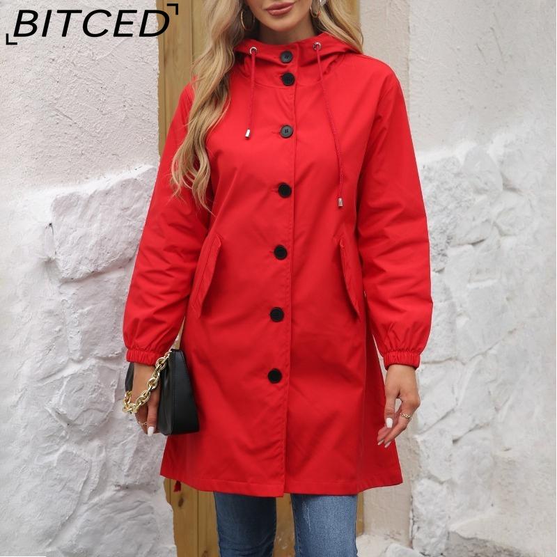 BITCED Autumn/Winter Water-Repellent Hooded Trench Coat Women's Casual Long Coat Loose Fit Plus Size Outdoor Rainwear