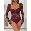 Female Lace Lace Spliced Square Collar Tight Black Bodysuit