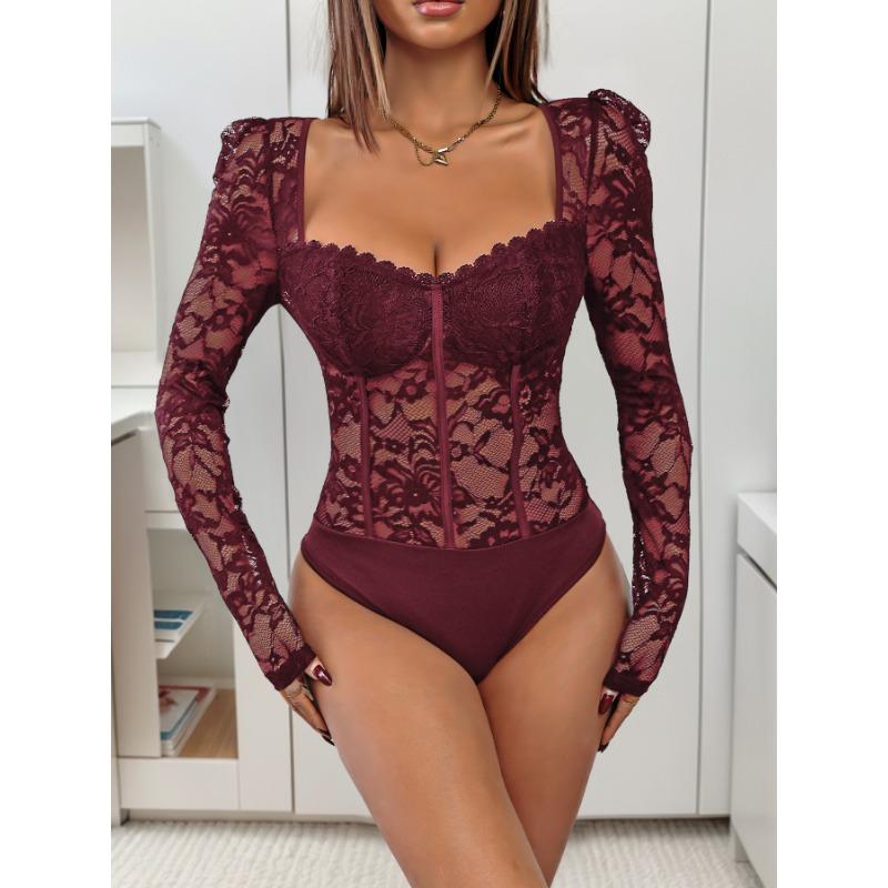 Female Lace Lace Spliced Square Collar Tight Black Bodysuit