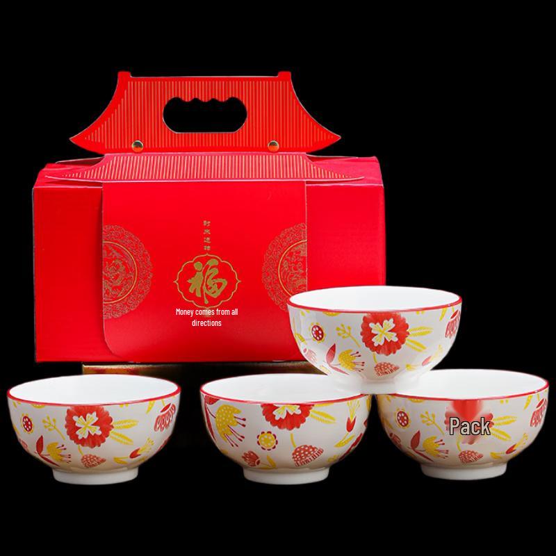Heyu Xi Auspicious Red Lotus Guochao Ceramic Rice Bowl Set (4-Pack)