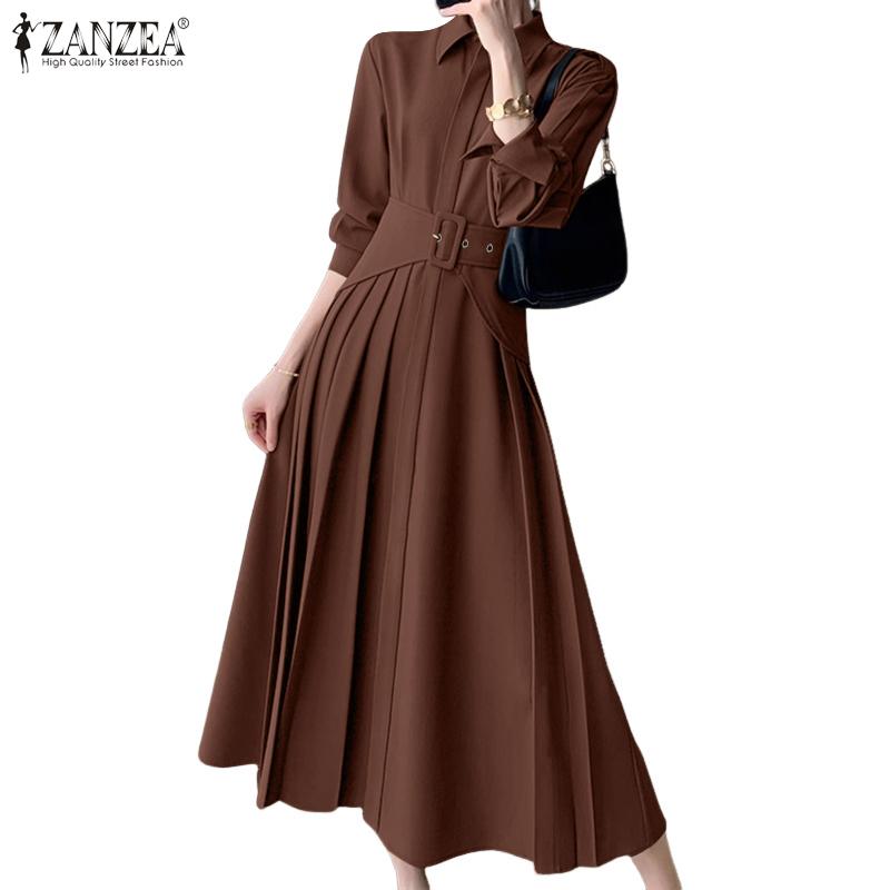ZANZEA Women Casual Turn Down Collar Long Sleeve Loose Long Dress