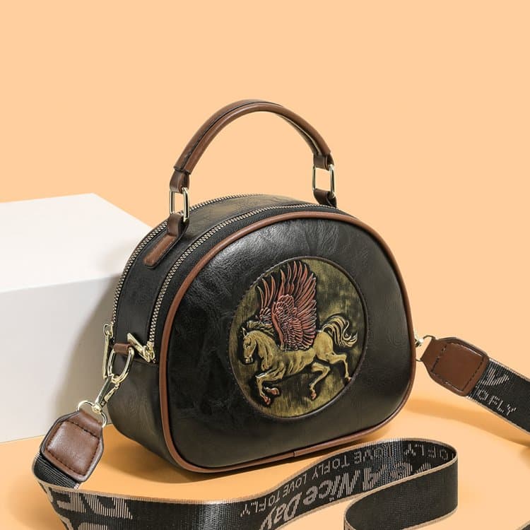 

Винтажная тисненая мягкая кожаная маленькая круглая сумка женская сумка-мессенджер на плечо чёрный