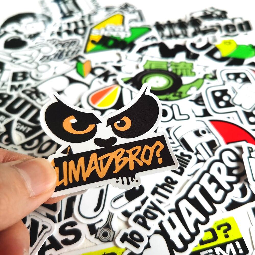 10/50 pegatinas geniales en blanco y negro con estilo JDM, pegatinas de grafiti para motocicletas de carreras, para bricolaje, equipaje, portátil, monopatín, bicicleta.