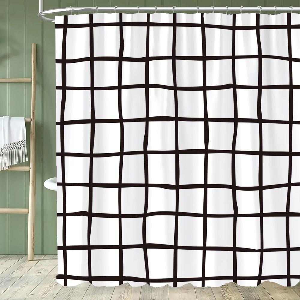 Black and White Plaid Pattern Shower Curtain Abstract Bohemian Fabric Shower Curtain with Hooks Waterproof Bathroom Decoration