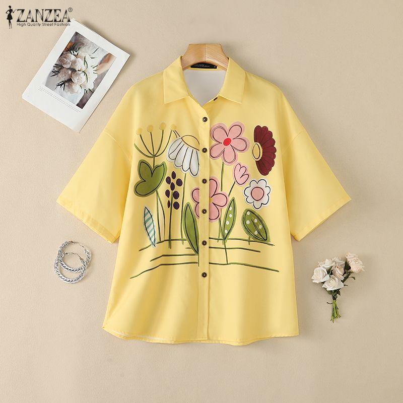 ZANZEA Women Casual Turn Down Collar Floral Print Loose 3/4 Sleeve Blouse