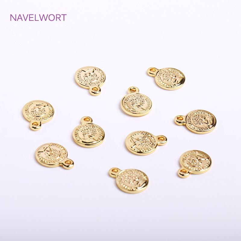 8mm 14K Gold Plated Tiny Coin Charms With Queen Avatarm,Brass Metal Round Coin Charms For Bracelet Making Accessories Wholesale