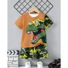 Set Maglia a Maniche Corte Stampata 3D con Dinosauro e Macchina e Pantaloncini Sportivi, Set Maglia Sportiva Casual Estiva