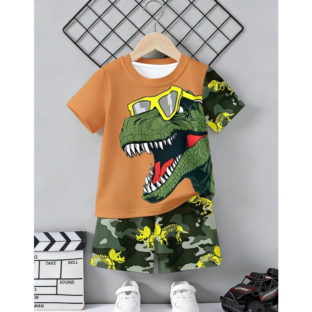 Set Maglia a Maniche Corte Stampata 3D con Dinosauro e Macchina e Pantaloncini Sportivi, Set Maglia Sportiva Casual Estiva