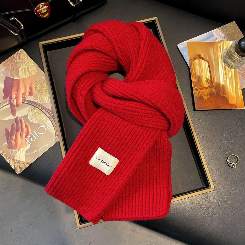 Korean cotton knitted wool scarf women's autumn and winter atmosphere white thickened warm solid color scarf